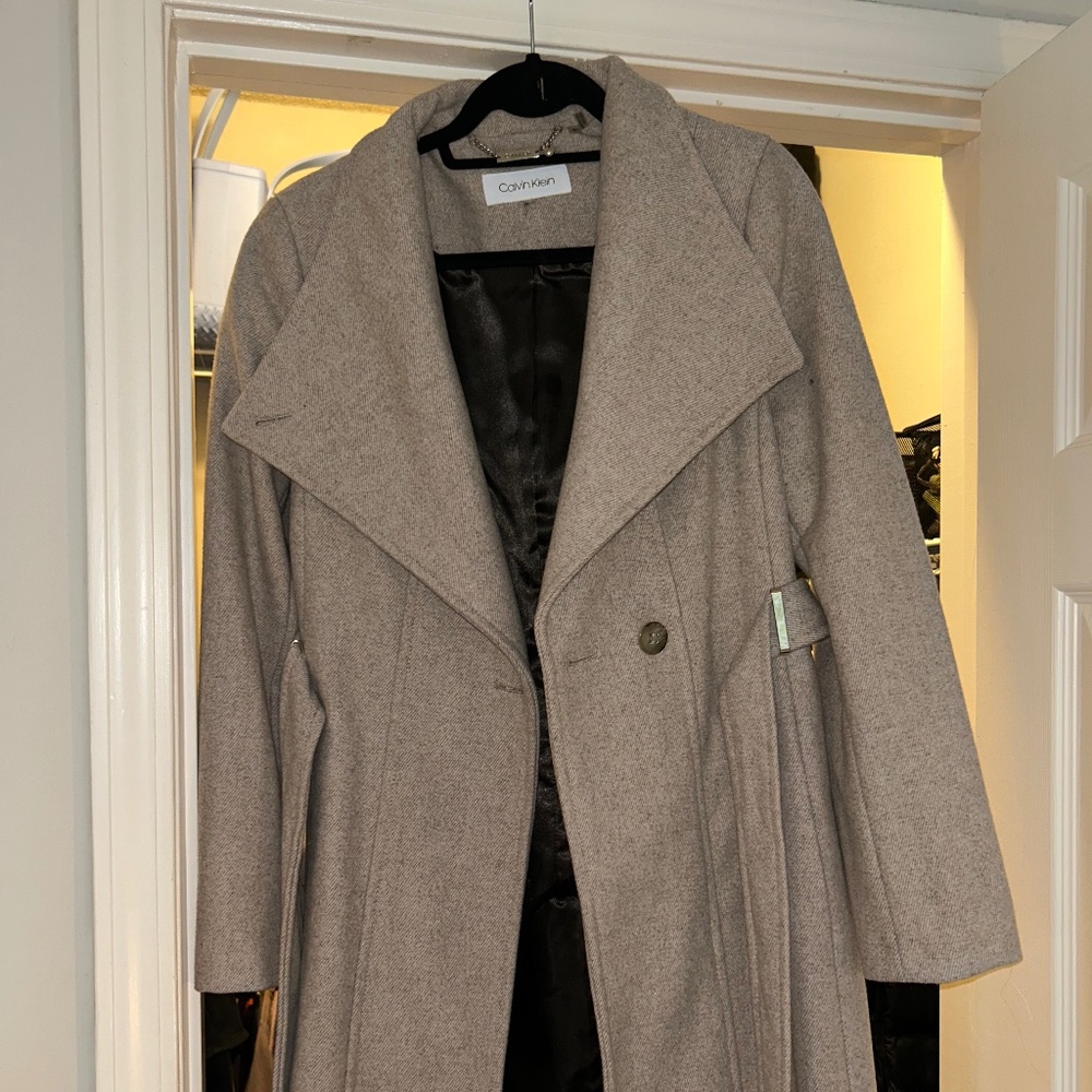 Calvin Klein Herringbone Wool Blend Envelope Collar Belted Wrap Coat